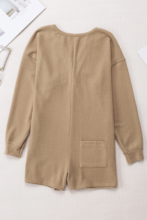 Brushed Ribbed Button Split V Neck Long Sleeve Romper